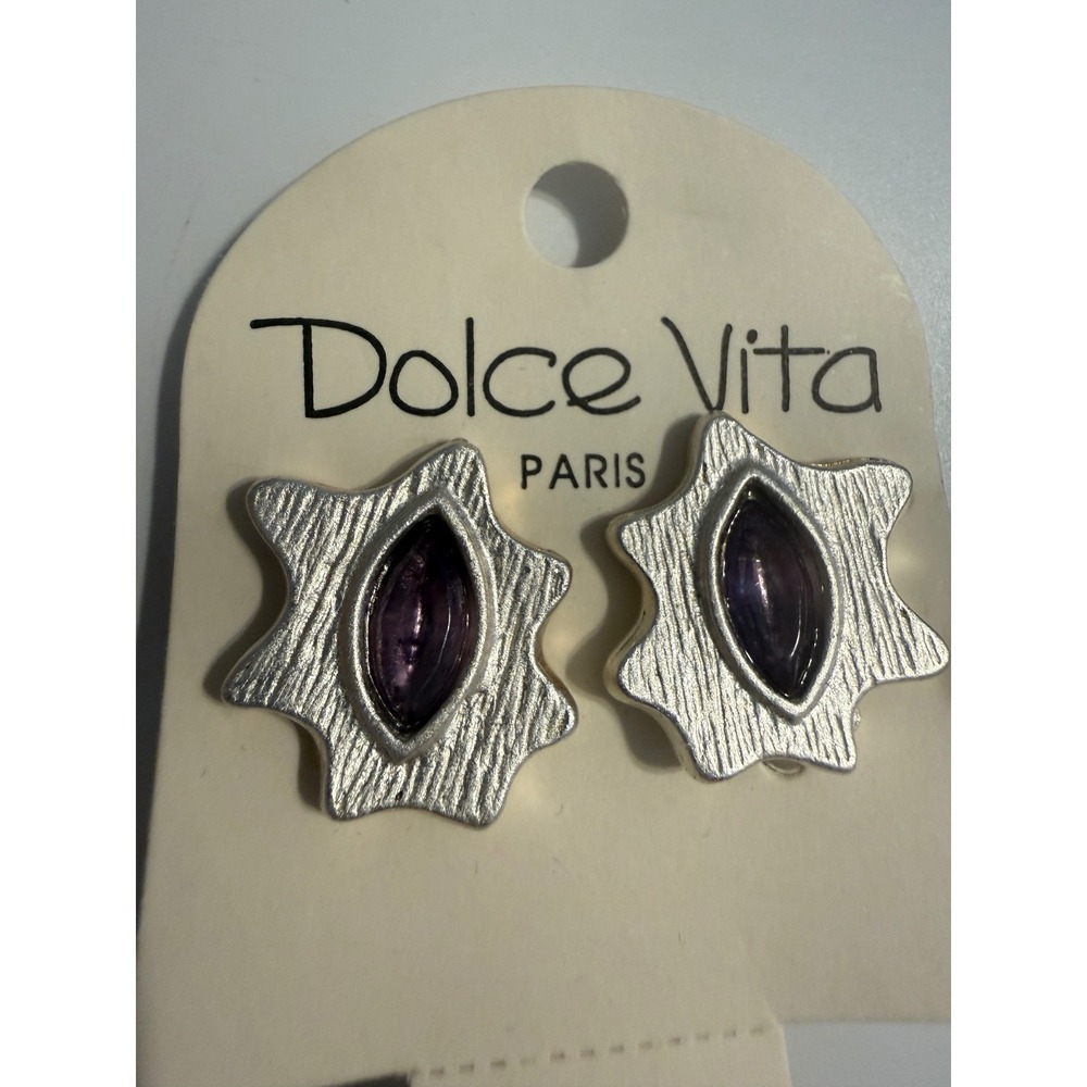 Dolce Vita Paris Silver Tone Brutalist Purple Stone Clip On Earrings Statement